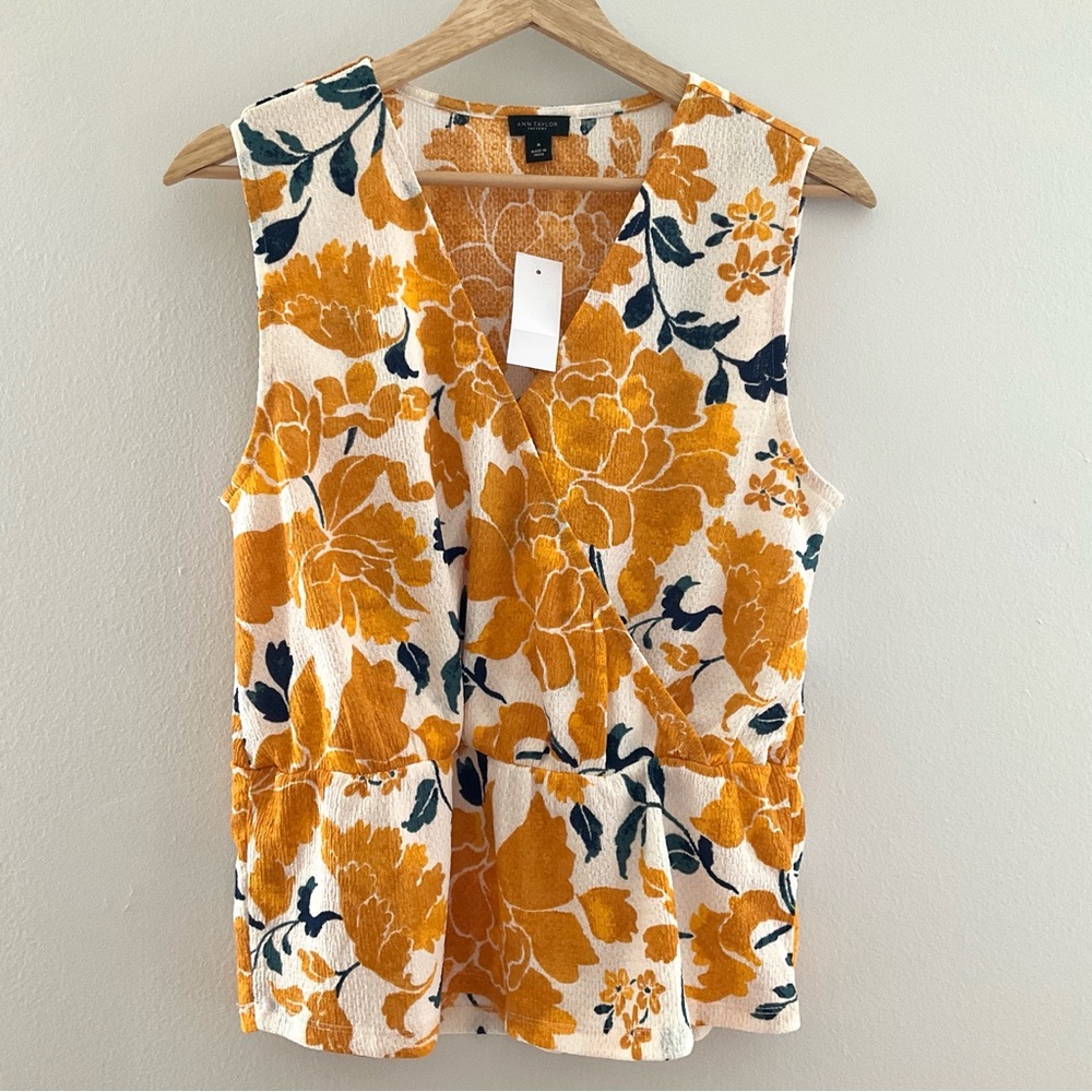 Ann Taylor Factory Mustard Yellow and White Floral Sleeveless Wrap-Front Top NWT